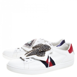 مملوكة مسبقًا حذاء رياضي غوتشي أربطة فيونكة كريستال Ace جلد أبيض مقاس 41