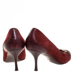 مملوكة مسبقًا حذاء كعب عالي غوتشي غطاء مقدمة جلد منقوش هورسبيت وسويدي عنابي مقاس 38.5