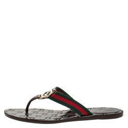 مملوكة مسبقًا Gucci Brown 'GG' Thong Web Detail Sandals With Double 'G' Ornament Size 37