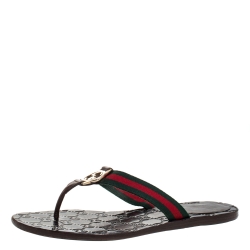 مملوكة مسبقًا Gucci Brown 'GG' Thong Web Detail Sandals With Double 'G' Ornament Size 37