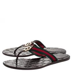 مملوكة مسبقًا Gucci Brown 'GG' Thong Web Detail Sandals With Double 'G' Ornament Size 37