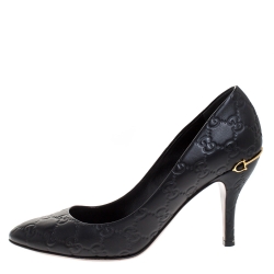 Pre Owned Gucci Black Guccissima Leather Horsebit Heel Round Toe Pumps Size 39
