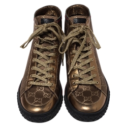 Gucci Bronze/Gold GG Canvas and Leather Lace High Top Sneakers Size 39.5