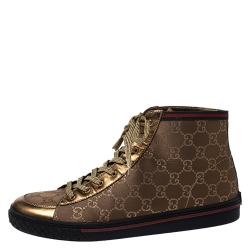 Gucci Bronze/Gold GG Canvas and Leather Lace High Top Sneakers Size 39.5