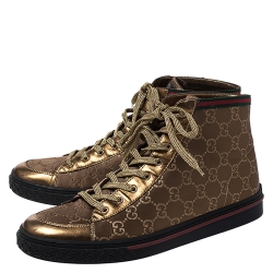 Gucci Bronze/Gold GG Canvas and Leather Lace High Top Sneakers Size 39.5