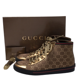 Gucci Bronze/Gold GG Canvas and Leather Lace High Top Sneakers Size 39.5