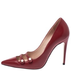 Pre Owned Gucci Red Leather Aneta GG Buttons Pointed Toe Pumps Size 36.5