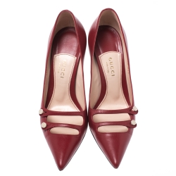 Pre Owned Gucci Red Leather Aneta GG Buttons Pointed Toe Pumps Size 36.5