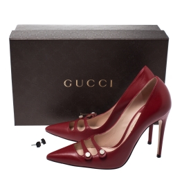 Pre Owned Gucci Red Leather Aneta GG Buttons Pointed Toe Pumps Size 36.5