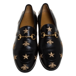 مملوكة مسبقًا Gucci Black Leather Star And Bee Horsebit Slip On Loafers Size 38.5