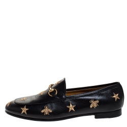 مملوكة مسبقًا Gucci Black Leather Star And Bee Horsebit Slip On Loafers Size 38.5