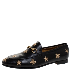 مملوكة مسبقًا Gucci Black Leather Star And Bee Horsebit Slip On Loafers Size 38.5