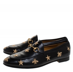 مملوكة مسبقًا Gucci Black Leather Star And Bee Horsebit Slip On Loafers Size 38.5