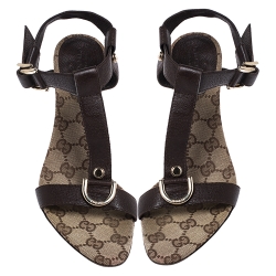 Pre Owned Gucci Brown Leather T-Bar Double D Ring Ankle Strap Sandals Size 37