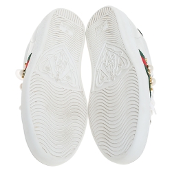 Gucci White Leather Python Trim Web Detail New Ace Faux Pearl Embellished Low Top Sneakers Size 36