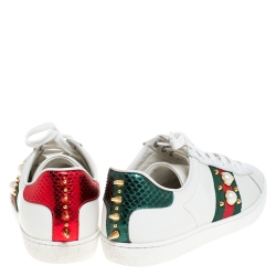 Gucci White Leather Python Trim Web Detail New Ace Faux Pearl Embellished Low Top Sneakers Size 36