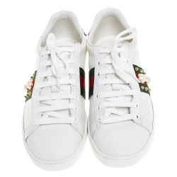 Gucci White Leather Python Trim Web Detail New Ace Faux Pearl Embellished Low Top Sneakers Size 36