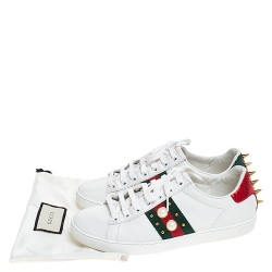 Gucci White Leather Python Trim Web Detail New Ace Faux Pearl Embellished Low Top Sneakers Size 36