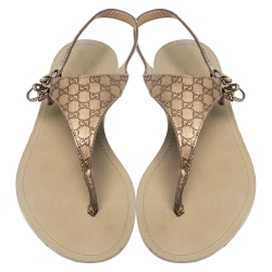 Pre Owned Gucci Metallic Gold Microguccissima Leather Thong Ankle Tie Sandals Size 39