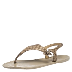 Pre Owned Gucci Metallic Gold Microguccissima Leather Thong Ankle Tie Sandals Size 39