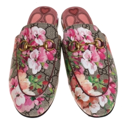 مملوكة مسبقًا Gucci Begie Blooms Print GG Supreme Canvas Princetown Hosrebit Flat Mules Size 37
