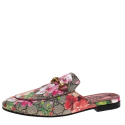مملوكة مسبقًا Gucci Begie Blooms Print GG Supreme Canvas Princetown Hosrebit Flat Mules Size 37