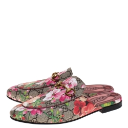 مملوكة مسبقًا Gucci Begie Blooms Print GG Supreme Canvas Princetown Hosrebit Flat Mules Size 37