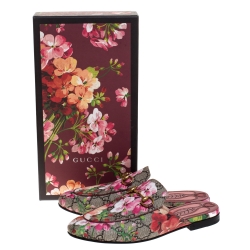 مملوكة مسبقًا Gucci Begie Blooms Print GG Supreme Canvas Princetown Hosrebit Flat Mules Size 37