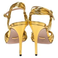 مملوكة مسبقًا Gucci Metallic Gold Leather Strappy Allie Knot Sandals Size 38