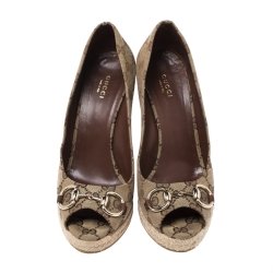Pre Owned Gucci Beige GG Canvas Charlotte Horsebit Peep Toe Wedge Pumps Size 39