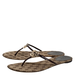 Pre Owned Gucci Brown Leather Interlocking "GG" Thong Sandals Size 39