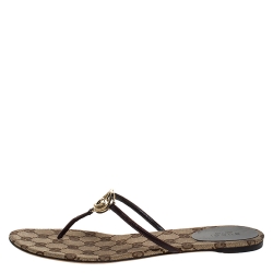 Pre Owned Gucci Brown Leather Interlocking "GG" Thong Sandals Size 39