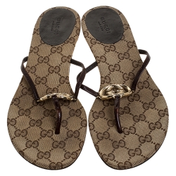 Pre Owned Gucci Brown Leather Interlocking "GG" Thong Sandals Size 39