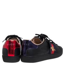 Gucci Black Leather Ace Web Bee Low Top Lace Up Sneakers Size 35.5