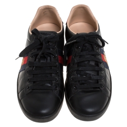 Gucci Black Leather Ace Web Bee Low Top Lace Up Sneakers Size 35.5