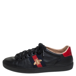 Gucci Black Leather Ace Web Bee Low Top Lace Up Sneakers Size 35.5