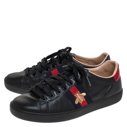 Gucci Black Leather Ace Web Bee Low Top Lace Up Sneakers Size 35.5