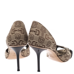 Pre Owned Gucci Beige Horsebit Pattern Canvas Horsebit D'Orsay Peep Toe Pumps Size 38.5