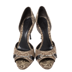 Pre Owned Gucci Beige Horsebit Pattern Canvas Horsebit D'Orsay Peep Toe Pumps Size 38.5