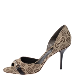 Pre Owned Gucci Beige Horsebit Pattern Canvas Horsebit D'Orsay Peep Toe Pumps Size 38.5