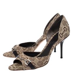 Pre Owned Gucci Beige Horsebit Pattern Canvas Horsebit D'Orsay Peep Toe Pumps Size 38.5