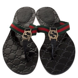 مملوكة مسبقًا Gucci Black Leather And Web Strap Interlocking "GG" Thong Sandals Size 38