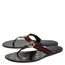 مملوكة مسبقًا Gucci Black Leather And Web Strap Interlocking "GG" Thong Sandals Size 38