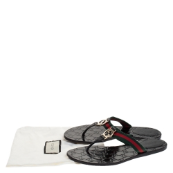 مملوكة مسبقًا Gucci Black Leather And Web Strap Interlocking "GG" Thong Sandals Size 38