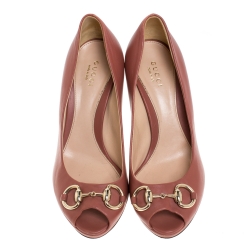 Pre Owned Gucci Pink Leather Horsebit Peep Toe Pumps Size 36.5