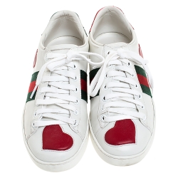 Gucci White Leather Ace Web Heart Detail Lace Up Sneaker Size 35