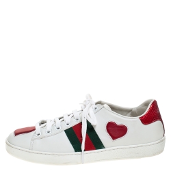 Gucci White Leather Ace Web Heart Detail Lace Up Sneaker Size 35