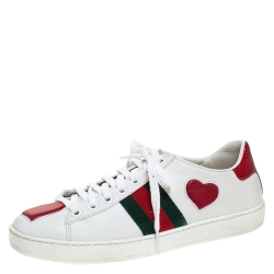 Gucci White Leather Ace Web Heart Detail Lace Up Sneaker Size 35