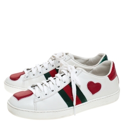 Gucci White Leather Ace Web Heart Detail Lace Up Sneaker Size 35