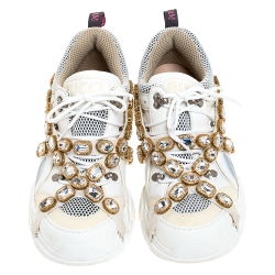 Pre Owned Gucci White Leather and Mesh Flashtrek Removable Crystals Sneakers Size 41